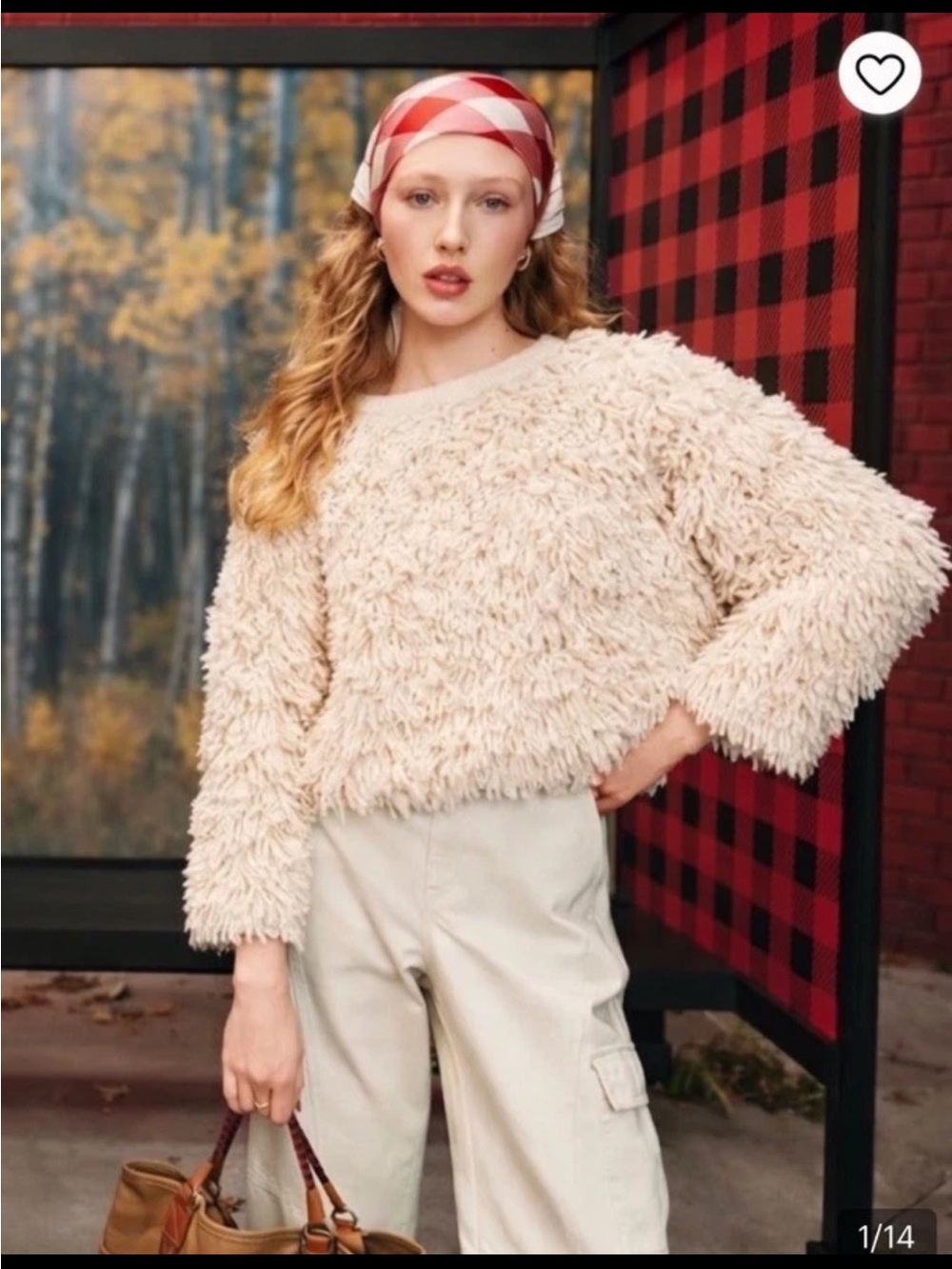 Woolrich Cream Shaggy Fuzzy Cropped Sweater Bell Sleeve Boho Y2K NWT Sz XL